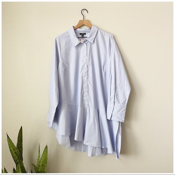 Lane Bryant Asymmetrical Ruffle Hem Blue & White Striped Button Down Shirt Tunic - Picture 1 of 6
